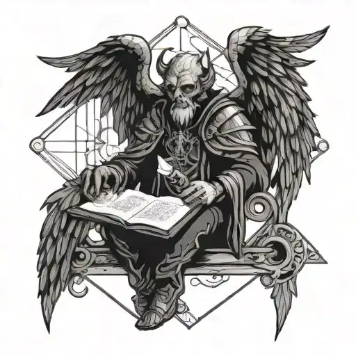 the daemon Camio with wings, a beak, black clothes, sitting cross legged above his sigil icon, reading an ancient tome tattoo design idea