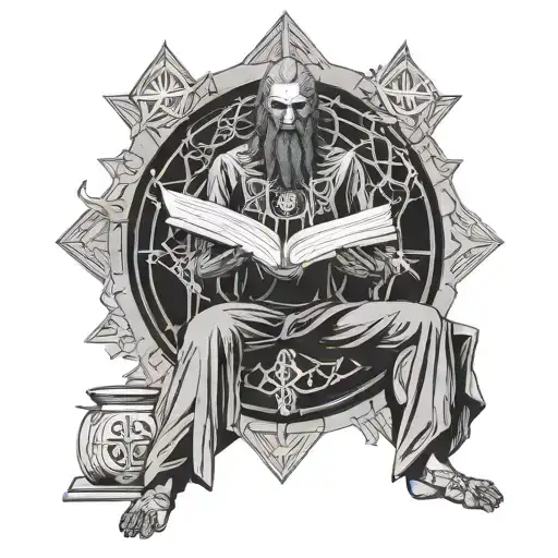the daemon Camio of the ars goetia, sitting cross legged atop his sigil icon, reading an ancient tome tattoo design idea