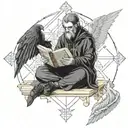 the daemon Camio with bird wings and black clothes, sitting cross legged above his sigil icon, reading an ancient tome tattoo design idea