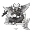 the daemon Camio with bird wings and black clothes, sitting cross legged above his sigil icon, reading an ancient tome tattoo design idea