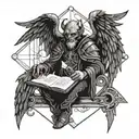 the daemon Camio with wings, a beak, black clothes, sitting cross legged above his sigil icon, reading an ancient tome tattoo design idea