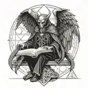 the daemon Camio with wings, a beak, black clothes, sitting cross legged above his sigil icon, reading an ancient tome tattoo design idea