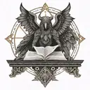 the daemon Camio with wings, a beak, black clothes, sitting cross legged above his sigil icon, reading an ancient tome tattoo design idea