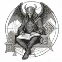 the daemon Camio with wings, a beak, black clothes, sitting cross legged above his sigil icon, reading an ancient tome tattoo design idea