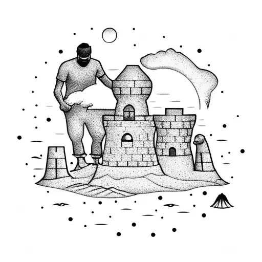 Father and daughter building a sand castle on the beach with sunset in the background tattoo design idea