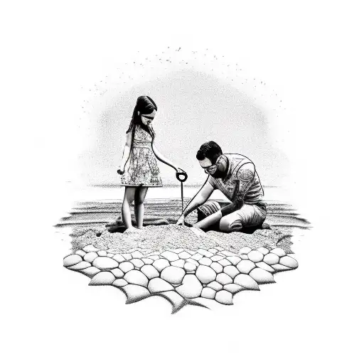 Father and daughter building a sand castle on the beach with sunset in the background tattoo design idea