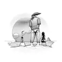 Father and daughter building a sand castle on the beach with sunset in the background tattoo design idea