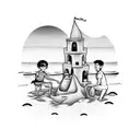 Father and daughter building a sand castle on the beach with sunset in the background tattoo design idea