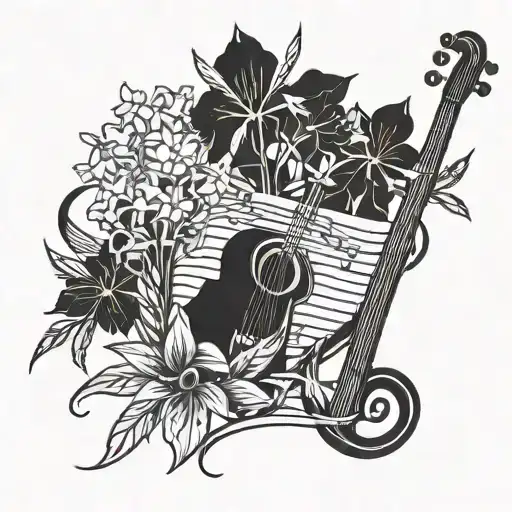 A music staff intertwined with wildflowers and barley tattoo design idea