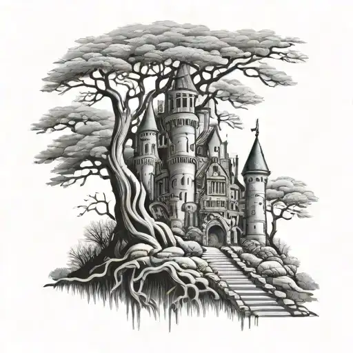 gothic castle near a tall tree tattoo design idea