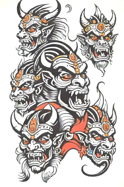 three indian demon heads one above the other with space between  tattoo design idea