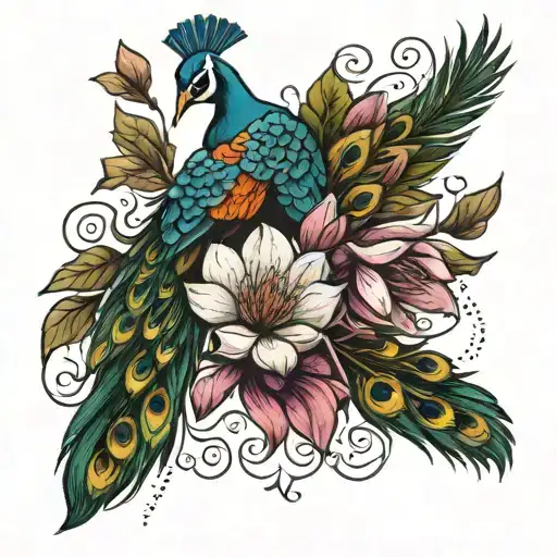 magnolia flowers with peacock feathers falling tattoo design idea