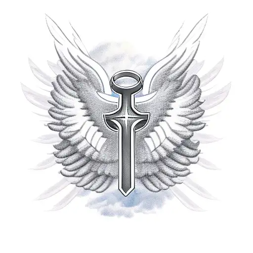 A quad bike with angel wings riding towards a radiant sunset with clouds forming the shape of a cross tattoo design idea