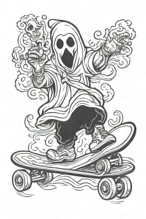 Ghost smoking and skating on a skateboard tattoo design idea