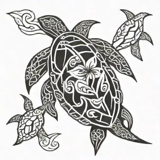 turtle and dolphins and lillie flower tattoo design idea