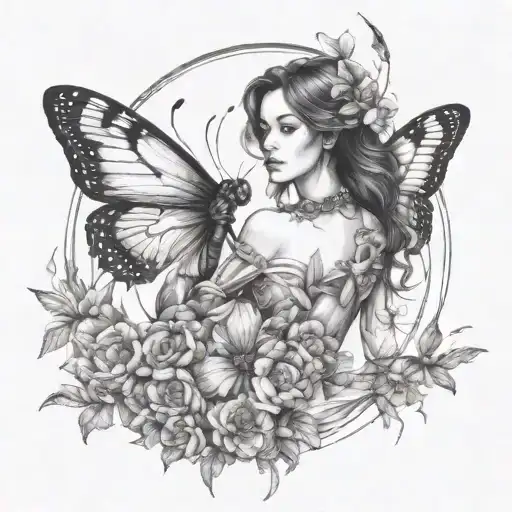 butterflies dragonflies flying around women posing tattoo design idea