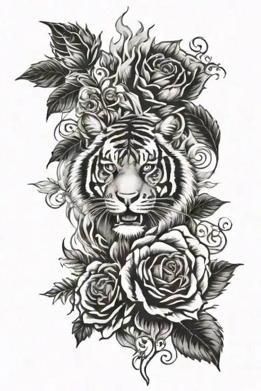 tiger roses flames tattoo design idea