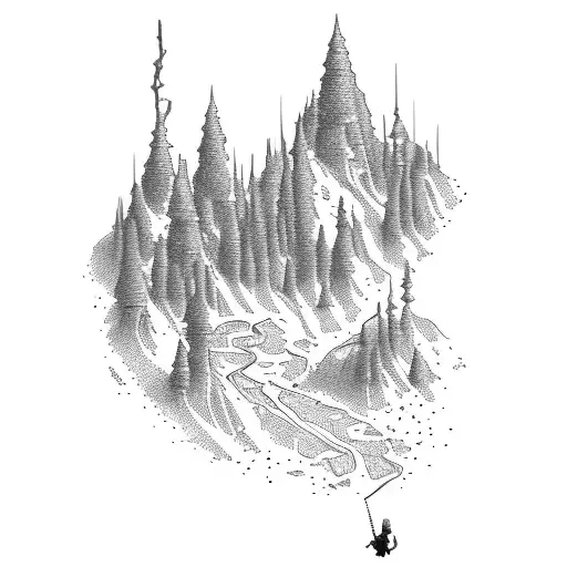 A dotwork map of a challenging hiking trail with a sniper rifle incorporated into the design tattoo design idea