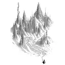 A dotwork map of a challenging hiking trail with a sniper rifle incorporated into the design tattoo design idea