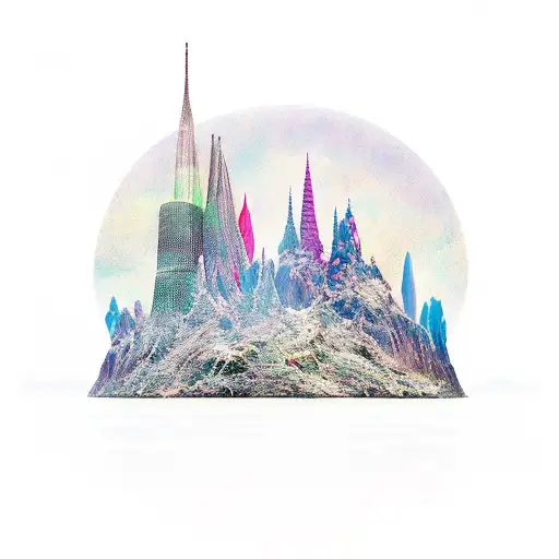 A surreal landscape with iconic landmarks from around the world, merging together in a unique way tattoo design idea