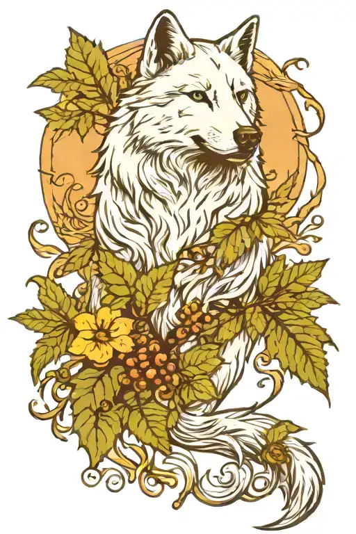 white wolf with blue eyes around fern leaves, wrapped in vines all over his body howls at the moon tattoo design idea