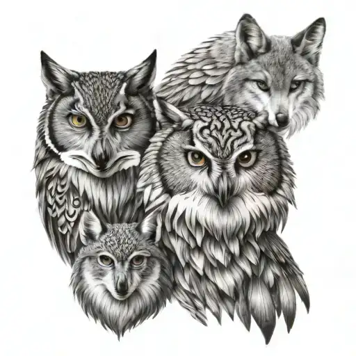 A tattoo design of the bond between a owl, wolf, and fox to represent family and resilience tattoo design idea