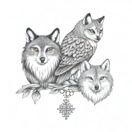 A tattoo design of the bond between a owl, wolf, and fox to represent family and resilience tattoo design idea