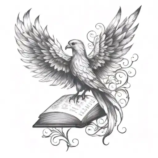A tattoo representing intellectuality and elegance, combining a book with a phoenix and a brain to symbolize growth tattoo design idea