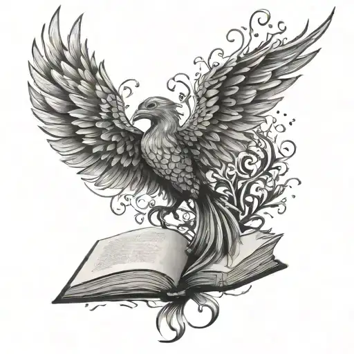 A tattoo representing intellectuality and elegance, combining a book with a phoenix and a brain to symbolize growth tattoo design idea