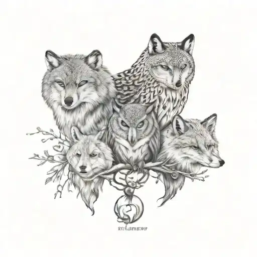 A tattoo design of the bond between a owl, wolf, and fox to represent family and resilience tattoo design idea