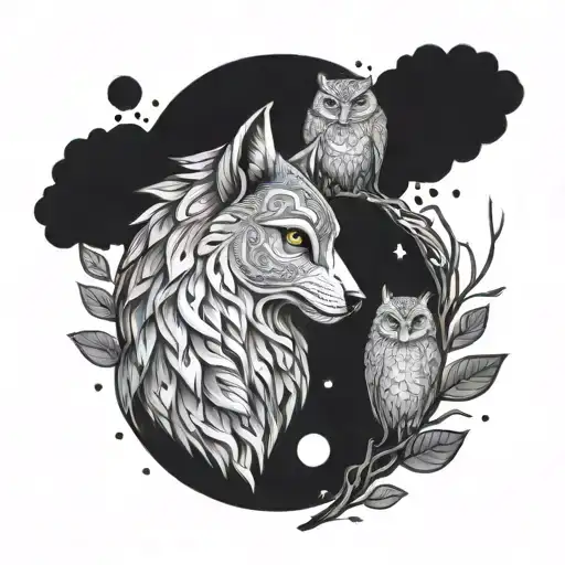 A tattoo design of the bond between a owl, wolf, and fox to represent family and resilience tattoo design idea