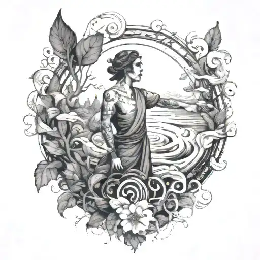 A defiant figure standing strong against a backdrop of swirling rivers and lush foliage, representing defiance and socialism tattoo design idea
