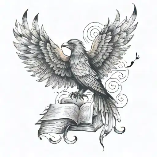 A tattoo representing intellectuality and elegance, combining a book with a phoenix and a brain to symbolize growth tattoo design idea