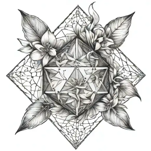 An icosahedron made up of feathers and jasmine flowers, symbolizing curiosity and intellectualism tattoo design idea
