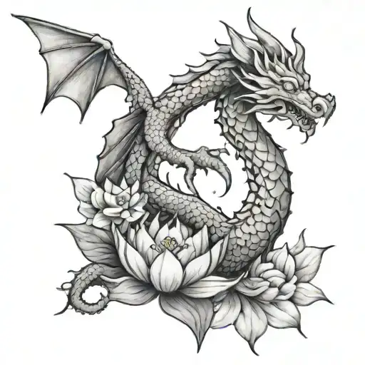A mindfulness-inspired tattoo with a dragon and a lotus flower, symbolizing inner strength and curiosity tattoo design idea