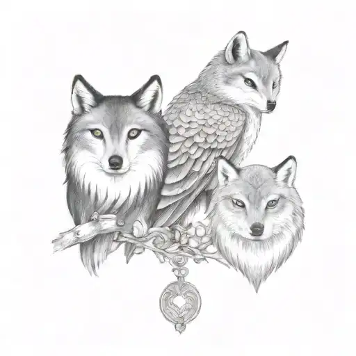 A tattoo design of the bond between a owl, wolf, and fox to represent family and resilience tattoo design idea