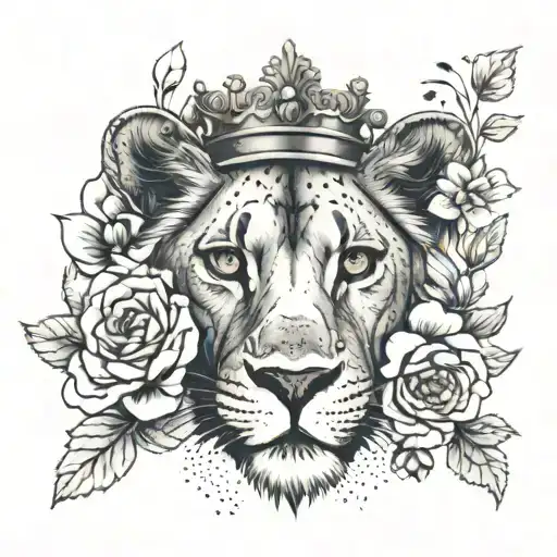 An elegant tattoo representing feminism and social justice, featuring a lioness with a crown of flowers  tattoo design idea