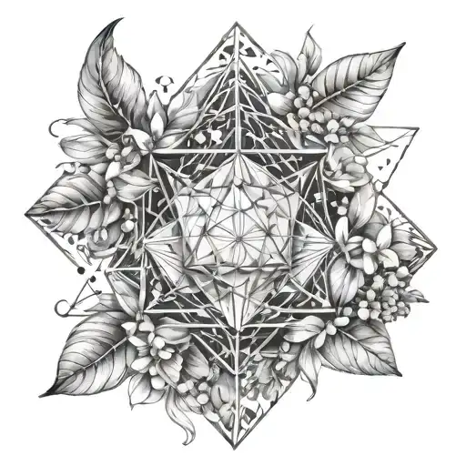 An icosahedron made up of feathers and jasmine flowers, symbolizing curiosity and intellectualism tattoo design idea
