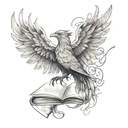 A tattoo representing intellectuality and elegance, combining a book with a phoenix and a brain to symbolize growth tattoo design idea