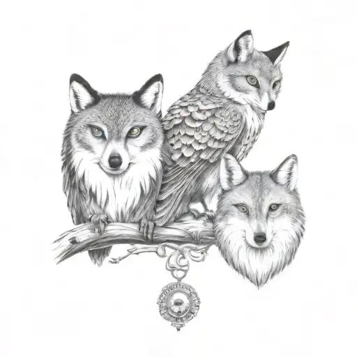 A tattoo design of the bond between a owl, wolf, and fox to represent family and resilience tattoo design idea