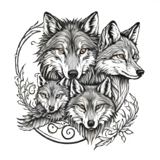 A tattoo design of the bond between a wolf, owl, and fox to represent family and resilience tattoo design idea