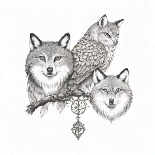 A tattoo design of the bond between a owl, wolf, and fox to represent family and resilience tattoo design idea