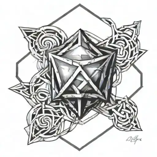 Design a black and grey tattoo featuring an icosahedron intertwined with a simple metal design as a tribute to the client's favorite things tattoo design idea