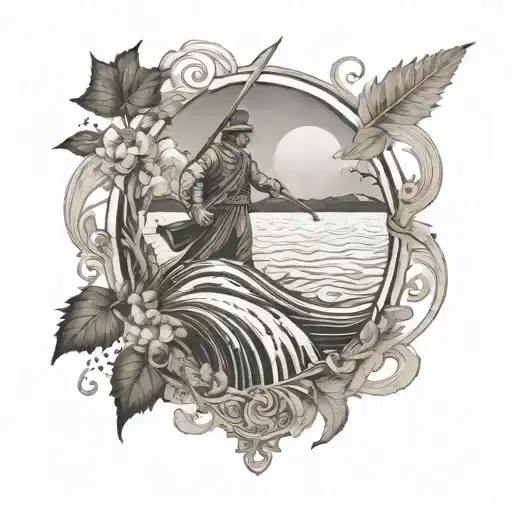 A defiant figure standing strong against a backdrop of swirling rivers and lush foliage, representing defiance and socialism tattoo design idea