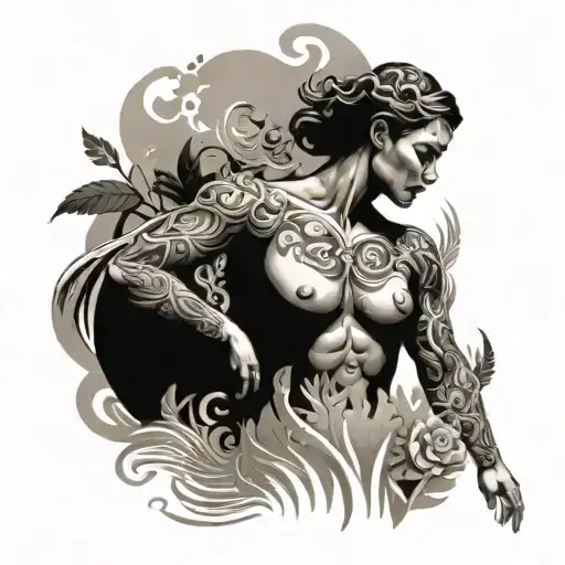 A defiant figure standing strong against a backdrop of swirling rivers and lush foliage, representing defiance and socialism tattoo design idea