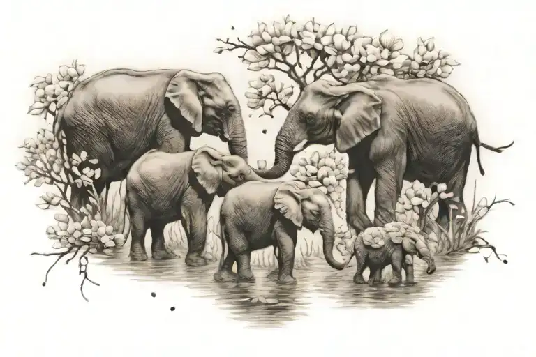 A family of elephants walking along a riverbank, with magnolia blossoms floating in the air, embodying the themes of family and resilience tattoo design idea