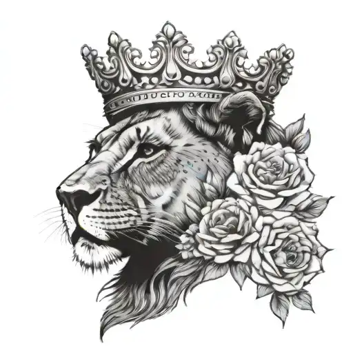 An elegant tattoo representing feminism and social justice, featuring a lioness with a crown of flowers  tattoo design idea