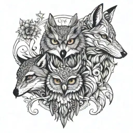 A tattoo design of the bond between a owl, wolf, and fox to represent family and resilience tattoo design idea
