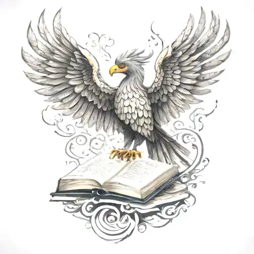 A tattoo representing intellectuality and elegance, combining a book with a phoenix and a brain to symbolize growth tattoo design idea