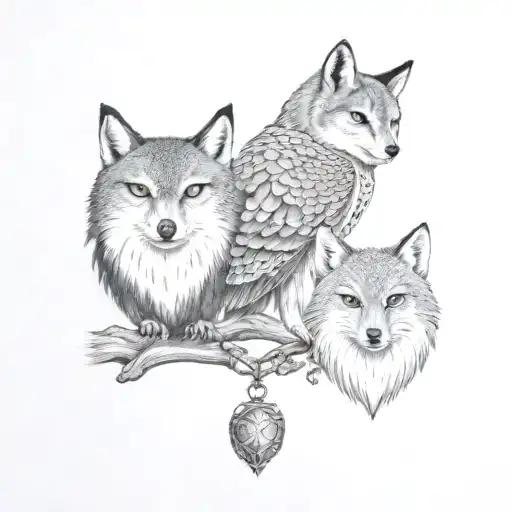 A tattoo design of the bond between a owl, wolf, and fox to represent family and resilience tattoo design idea